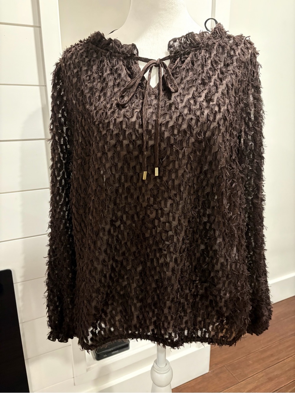 Faux-Fur, SheerTie-Neck Long Sleeve Blouse in Dark Brown